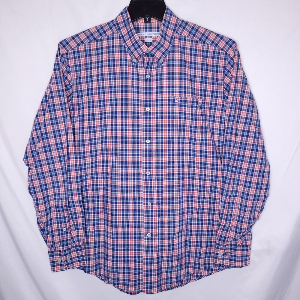 Southern Tide Shirt Mens Large Plaid Blue, Red Classic Fit
